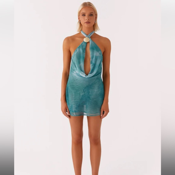 Elegant Teal Halter Mini Dress - Picture 4 of 6